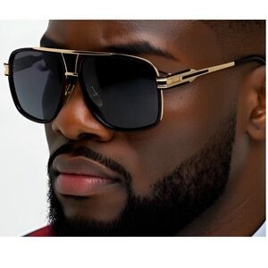 Men Sunglasses Rectangular Frame Shades Black Gold‎ Designer Style UV Protection